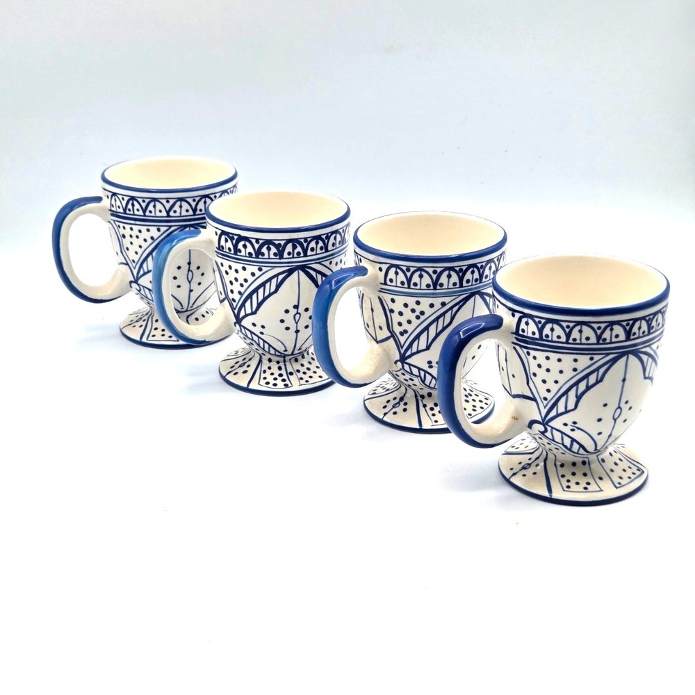 Moroccan Inspired Pedestal Mugs White Blue Global Boho Coffee Tea Cup Set of 4